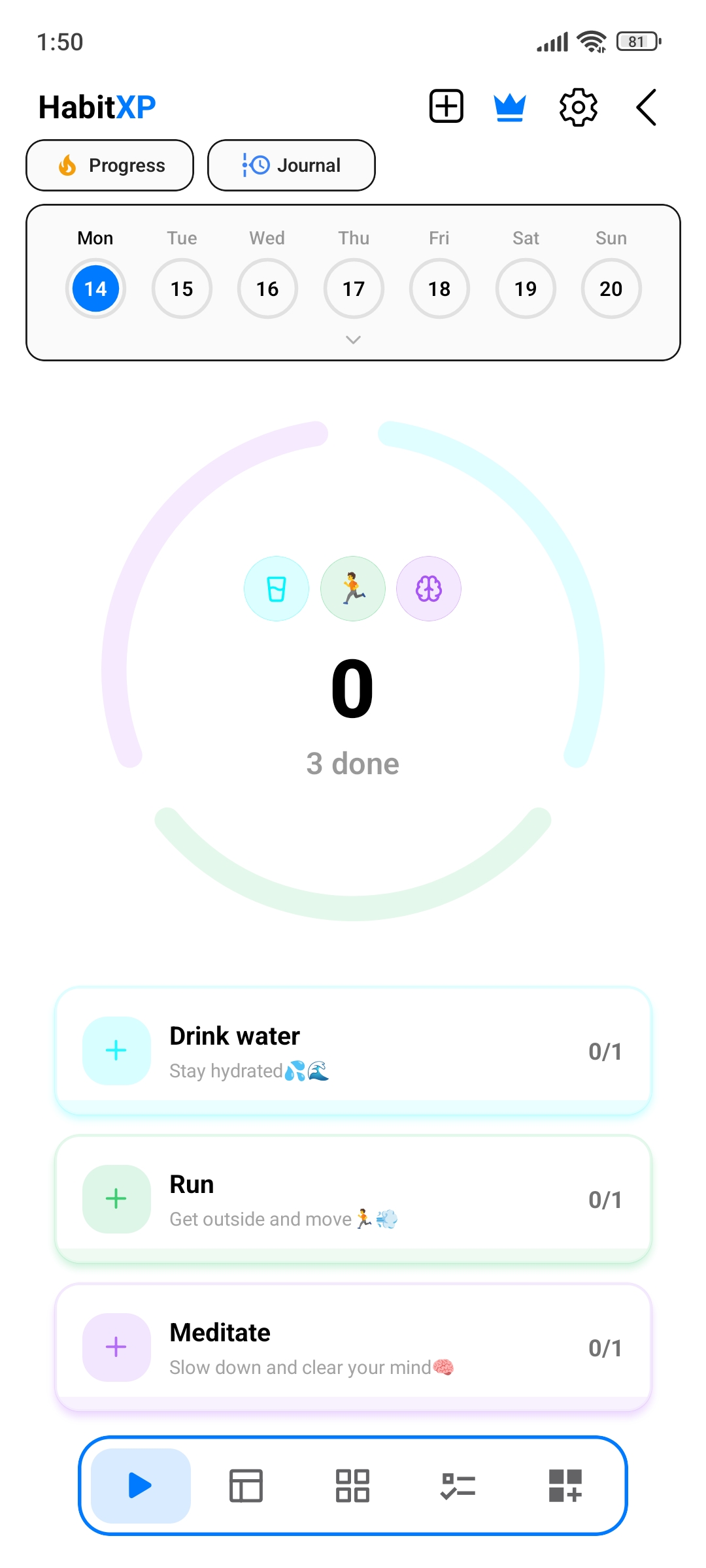 HabitXP One-tap habit tracking screen